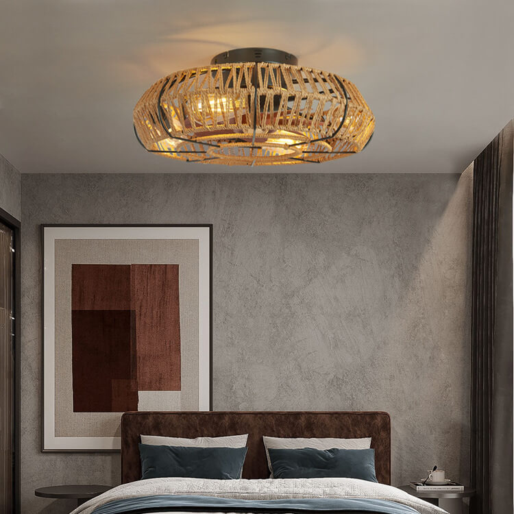 Traditionelle rustikale runde Trommel Eisen Hanfseil 4-Licht Semi-Flush Mount Deckenventilator Licht für das Schlafzimmer 