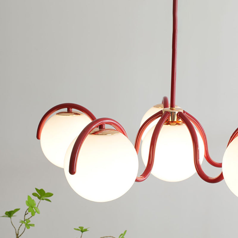 Moderner minimalistischer Kronleuchter mit geschwungenen Kugeln aus Metall und Glas mit 6 Lichtern für das Wohnzimmer 