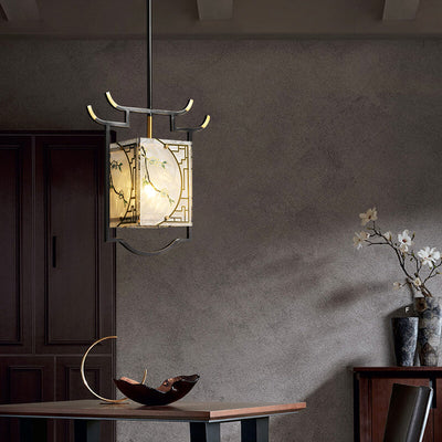 Lustre suspendu à 1 lumière en cuivre lucite émaillé quadrilatère chinois traditionnel pour salon 