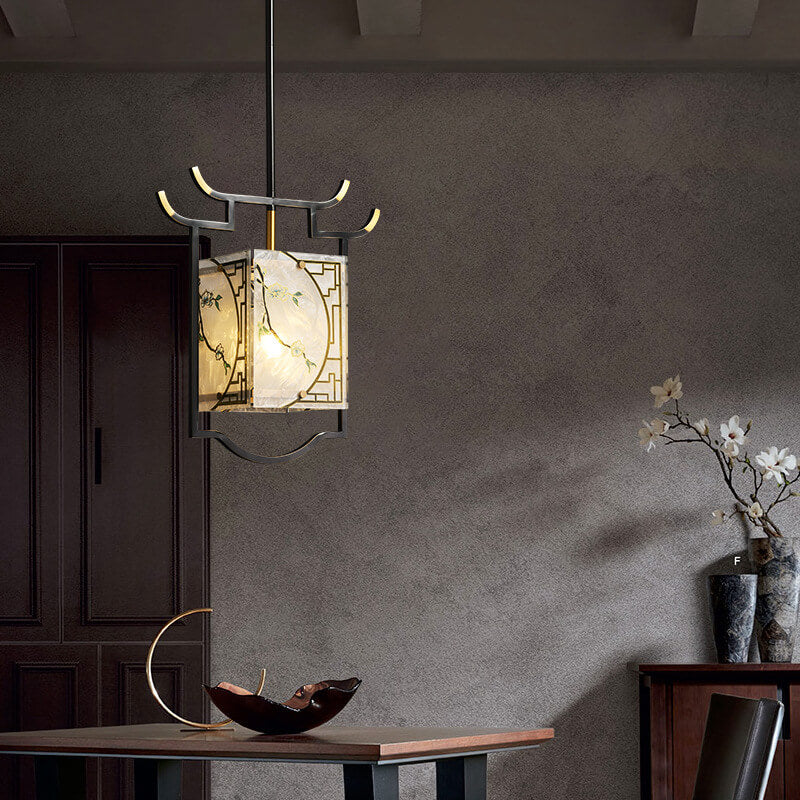 Lustre suspendu à 1 lumière en cuivre lucite émaillé quadrilatère chinois traditionnel pour salon 
