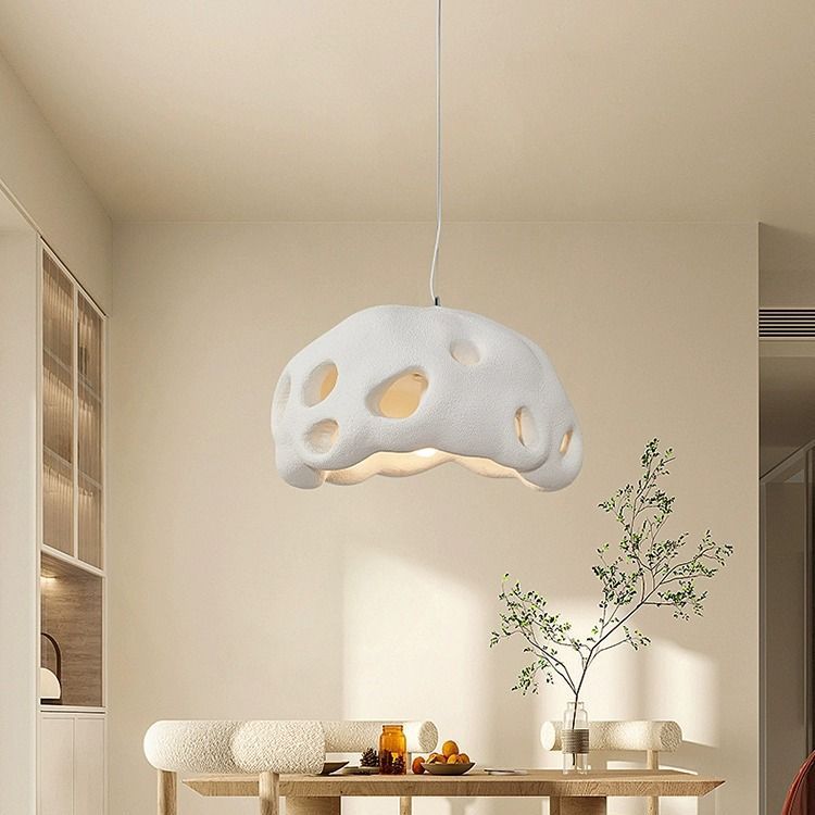 Suspension Luminaire Rond Japonais Traditionnel en Résine Creuse à 1 Lumière pour Salon 