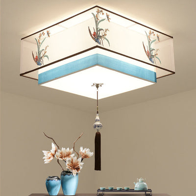 Pantalla de tela bordada de hierro chino tradicional de 4 luces para techo empotrado para dormitorio 