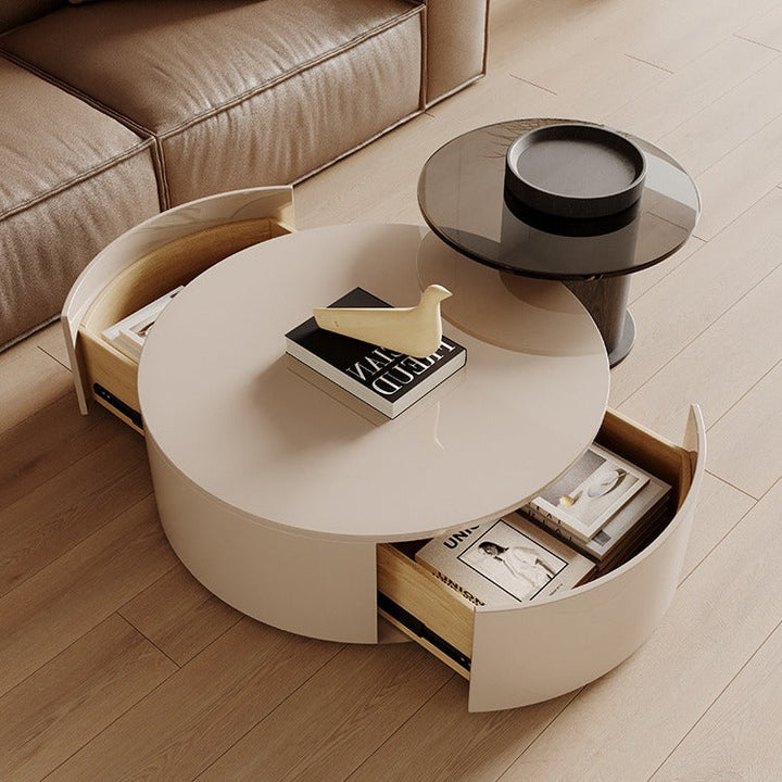 Modern Minimalist Round Plywood Metal Glass Coffee Table Set 2-Drawer For Living Room