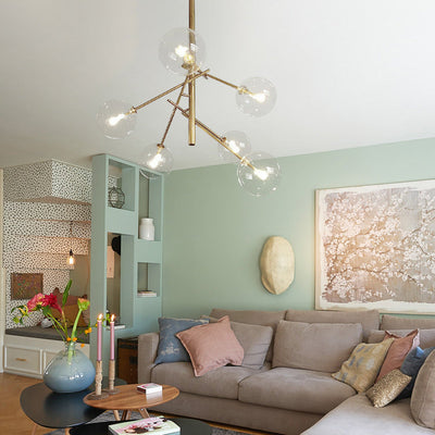 Moderner Mid-Century Magic Bean Glaskugel Eisenrahmen 6-Licht Kronleuchter für Wohnzimmer 