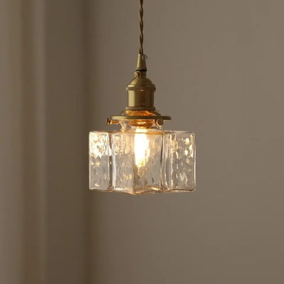 Pantalla de Cubo de Vidrio Japonés Tradicional Latón 1 Luz Colgante para Sala de Estar 