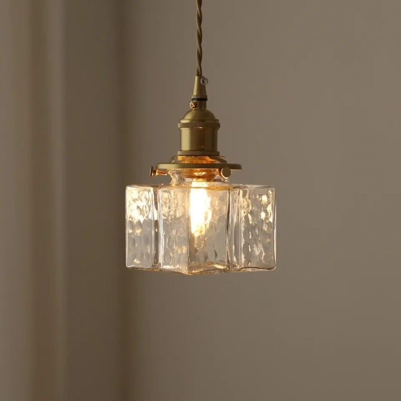 Pantalla de Cubo de Vidrio Japonés Tradicional Latón 1 Luz Colgante para Sala de Estar 