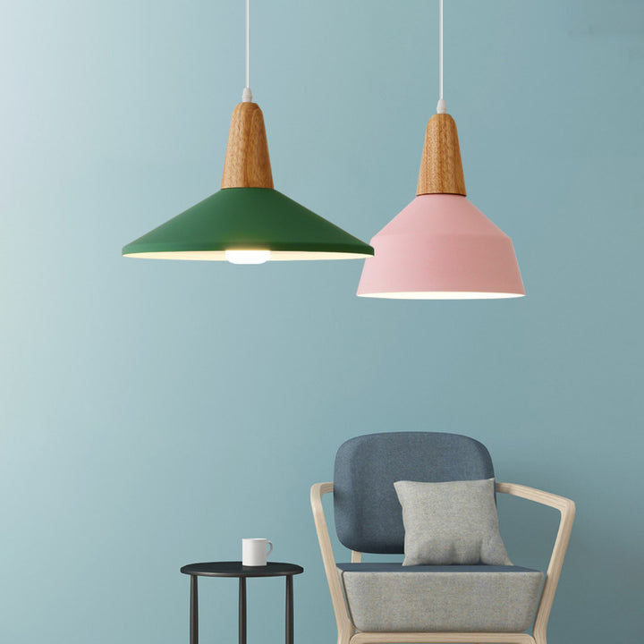 Lámpara colgante de 1 luz de aluminio y madera maciza en color macaron, estilo moderno minimalista 