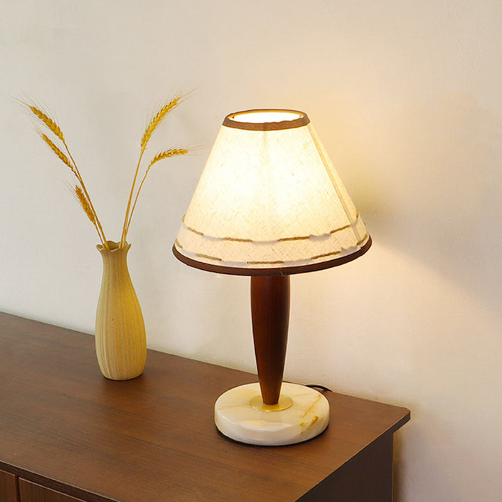 Traditional Vintage Tapered Marble Solid Wood Fabric 1-Light Table Lamp For Bedroom