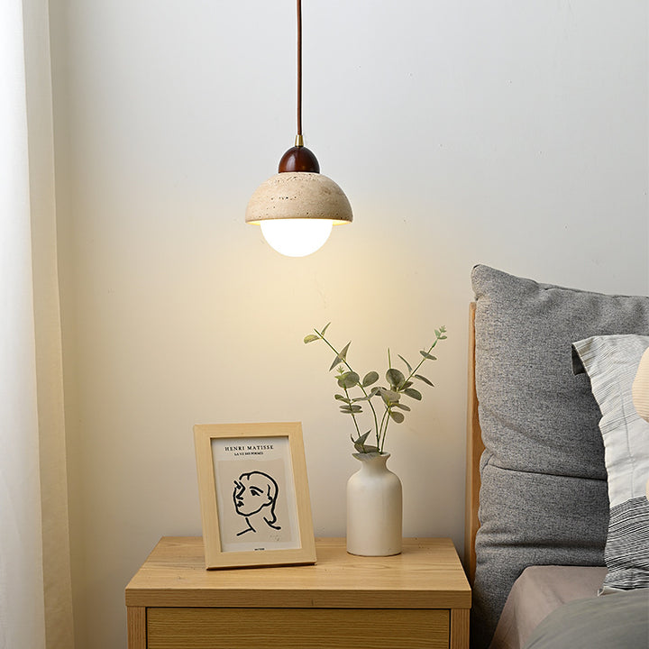 Nordic Modern Minimalist Semi-Circular Plate Yellow Travertine Solid Wood Glass 1-Light Pendant Light