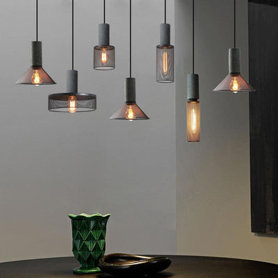 Contemporary Industrial Cylindrical Tapered Cement Iron 1-Light Pendant Light For Living Room