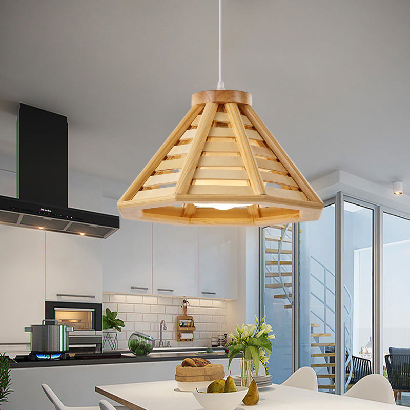 Traditional Japanese Iron Wood Conic Pyramid 1-Light Pendant Light For Dining Room