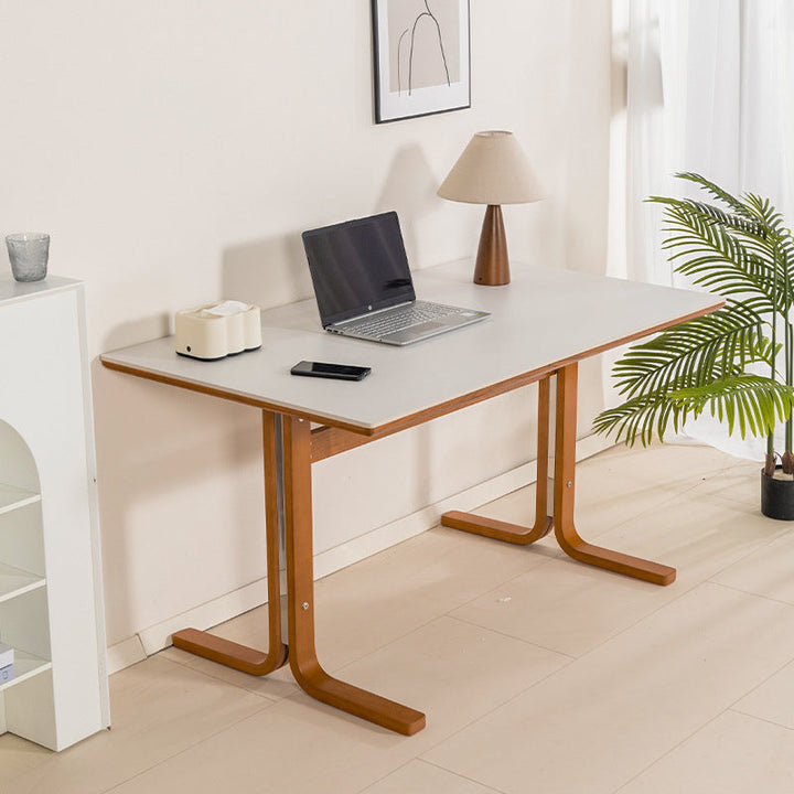 Table de salle à manger rectangulaire contemporaine rétro avec pieds incurvés en ardoise, bois et fer pour 4 places 