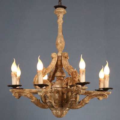 Industrial Vintage Wood Frame Candle Design 8-Light Chandelier