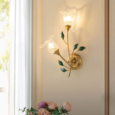 Traditional European Iron Crystal Glass Flower Leave 2-Light Wall Sconce Lamp For Living Room