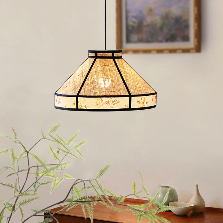 Zeitgenössische Vintage Runde Kegel Bast Hardware 1-Licht Pendelleuchte für Wohnzimmer 