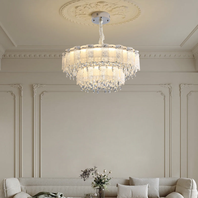 Traditionelle französische runde Ripple-Metallkristallglas-LED-Kronleuchter für Wohnzimmer 