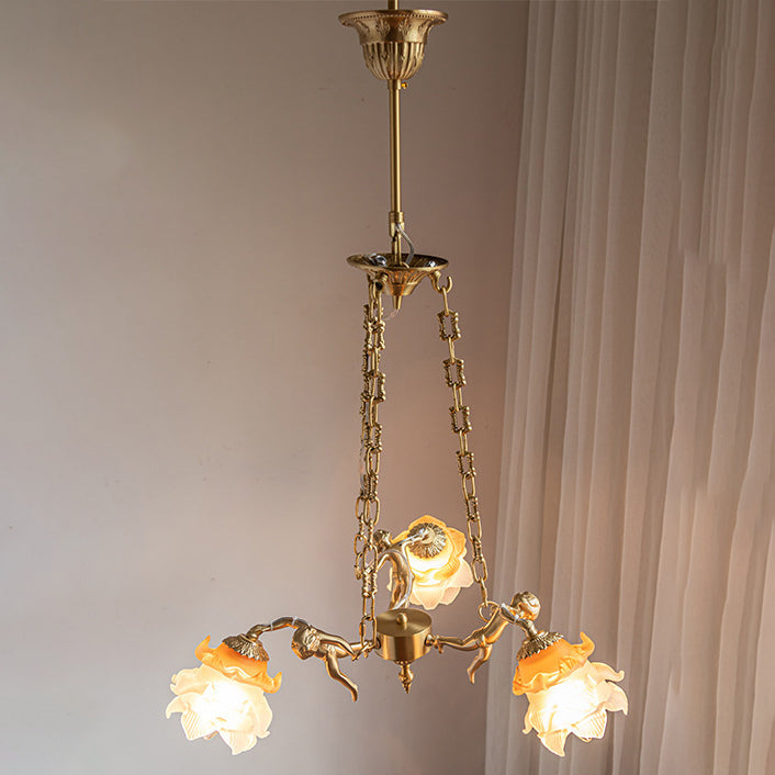 Traditioneller Vintage Engel Blume Kupfer Glas 1/3/6 Licht Kronleuchter für Schlafzimmer 