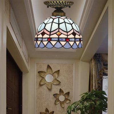 Tiffany Mediterranean Stained Glass Dome 1-Light Semi-Flush Mount Ceiling Light