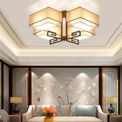 Modern Chinese Fabric Square Geometric Hardware 4-Light Semi-Flush Mount Ceiling Light