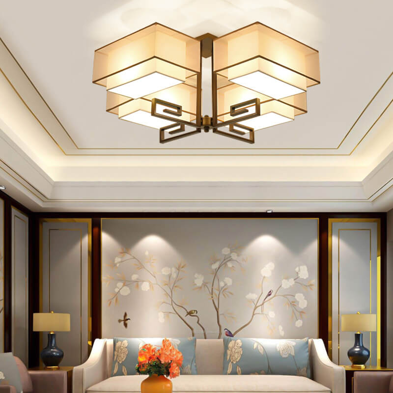 Modern Chinese Fabric Square Geometric Hardware 4-Light Semi-Flush Mount Ceiling Light