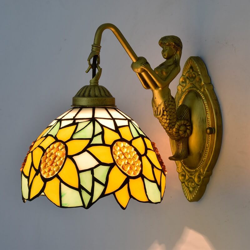 Europäische Vintage Tiffany Sonnenblume Buntglas 1-Licht Wandleuchte 