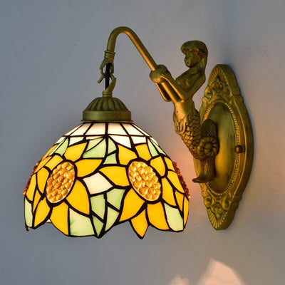 European Vintage Tiffany Sun Flower Stained Glass 1-Light Wall Sconce Lamp