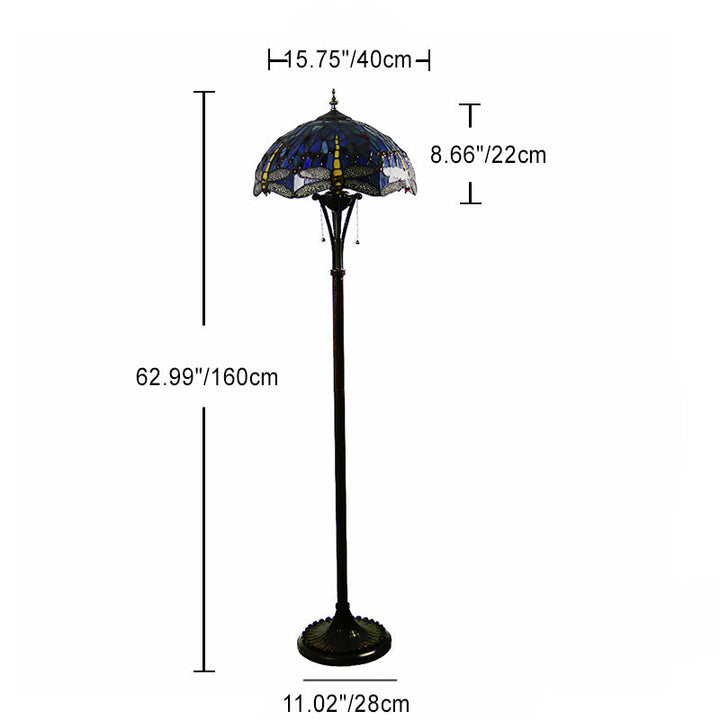 Traditional Tiffany Mediterranean Dragonfly Stained Glass Dome Shade 2-Light Standing Floor Lamp For Home Office