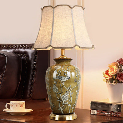 Retro Chinese Ceramic Canvas Shade Copper Base 1-Light Table Lamp