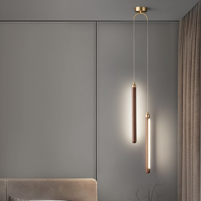 Lámpara colgante LED de madera, cobre y acrílico lineal minimalista moderna para dormitorio 