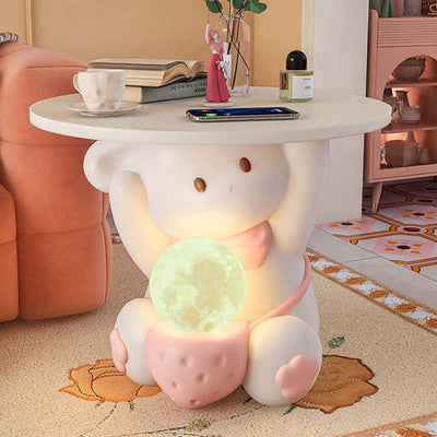 Moderner Art Deco Kinderhasen-Rundteller Rechteckige Schublade Harz Holz Emaille Nachttisch mit 1 Schublade und LED-Licht für das Schlafzimmer 