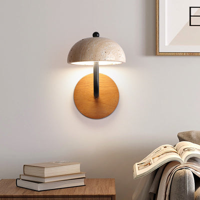 Traditionelle japanische halbrunde beige Travertin Holz LED Wandleuchte Lampe für Schlafzimmer 