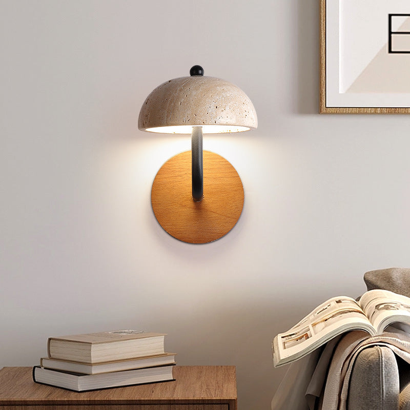 Traditionelle japanische halbrunde beige Travertin Holz LED Wandleuchte Lampe für Schlafzimmer 