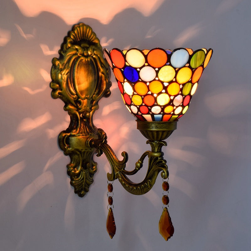 Traditional Tiffany Cup Iron Stained Glass 1-Light Wall Sconce Lamp For Living Room