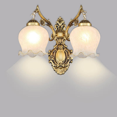 Aplique de pared de lujo ligero europeo de cobre completo con pantalla de flores 1/2 luces 