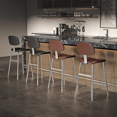 Tabouret de bar contemporain en cuir PU incurvé avec pieds en fer, dossier et repose-pieds pour salle à manger 