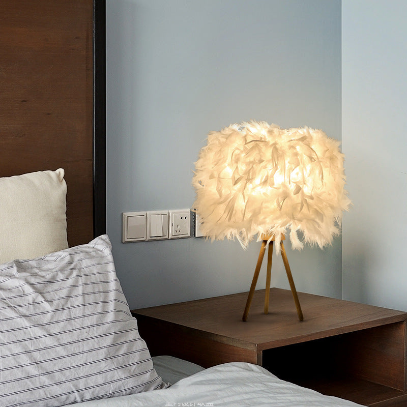 Modern Art Deco Feather Wood Cylinder Triangle Base 1-Light Table Lamp For Bedside