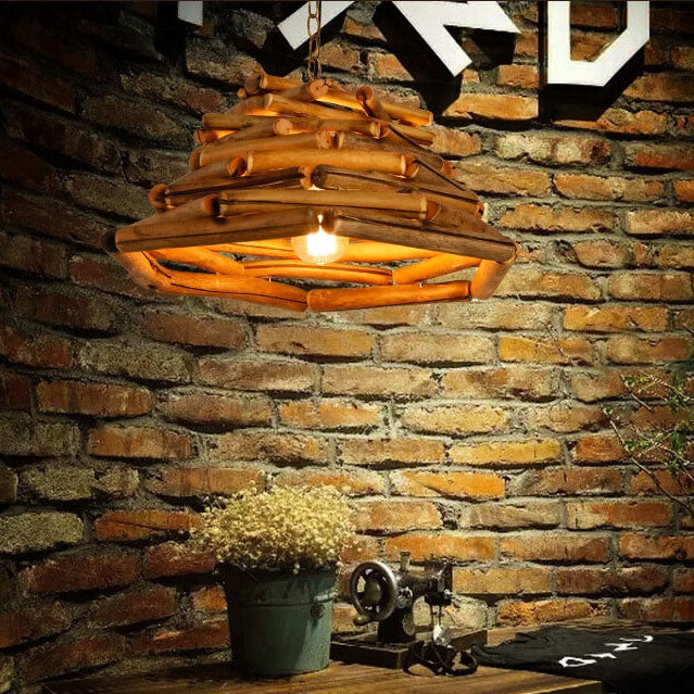 Traditional Vintage Solid Wood Iron Tree Branch Cone 1-Light Pendant Light for Living Room