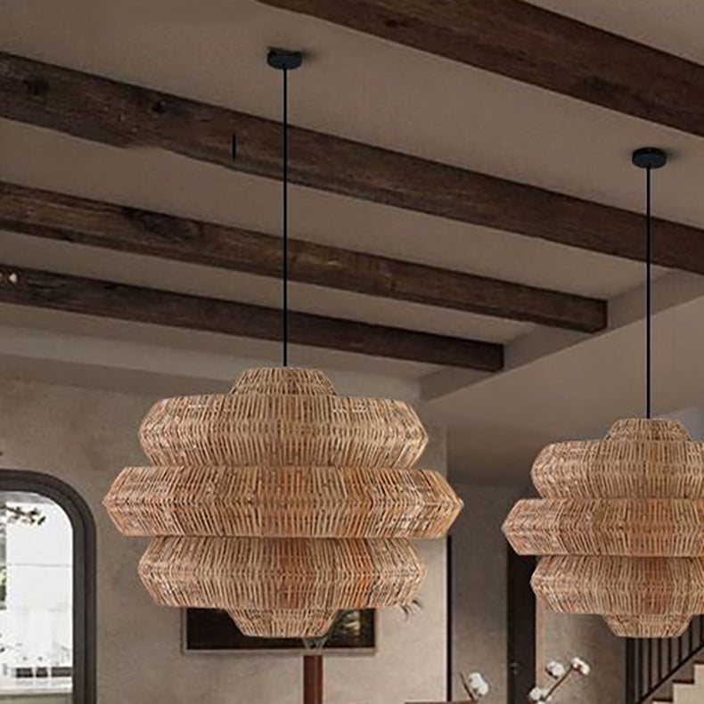 Zeitgenössischer Boho-Kronleuchter mit mehrschichtigem, rundem Rattan-Gewebe und 1 Licht für das Wohnzimmer 