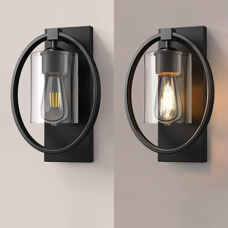 Industrial Retro Iron Circle Ring Glass Cylinder Shade 1-Light Wall Sconce Lamp