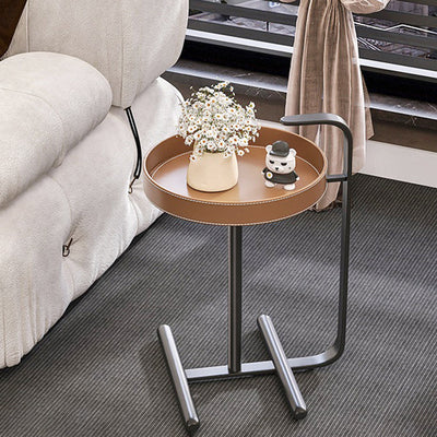 Table d'appoint ronde moderne minimaliste en cuir et acier inoxydable pour salon 