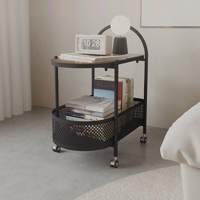 Table d'appoint roulante contemporaine en verre rond avec panier de rangement en fer à 2 niveaux pour salon 