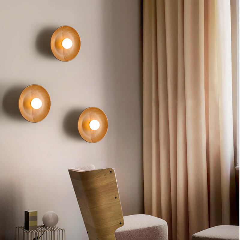 Modern Minimalist Round Disc Solid Wood 1-Light Wall Sconce Lamp