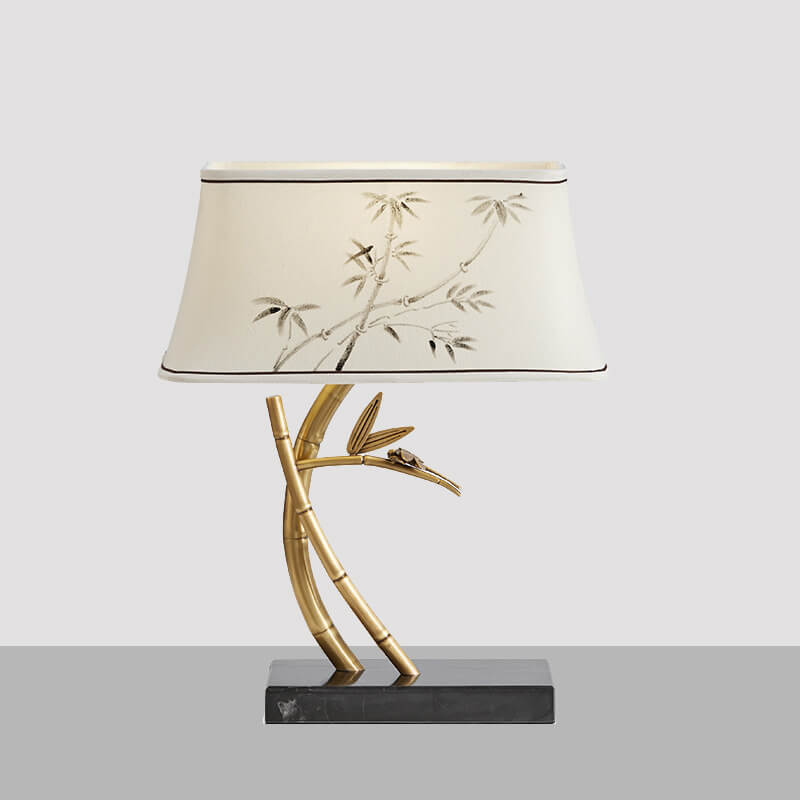 Lámpara de mesa de 1 luz con decoración de hoja de bambú en tela china tradicional, mármol y herrajes, para dormitorio y oficina en casa 