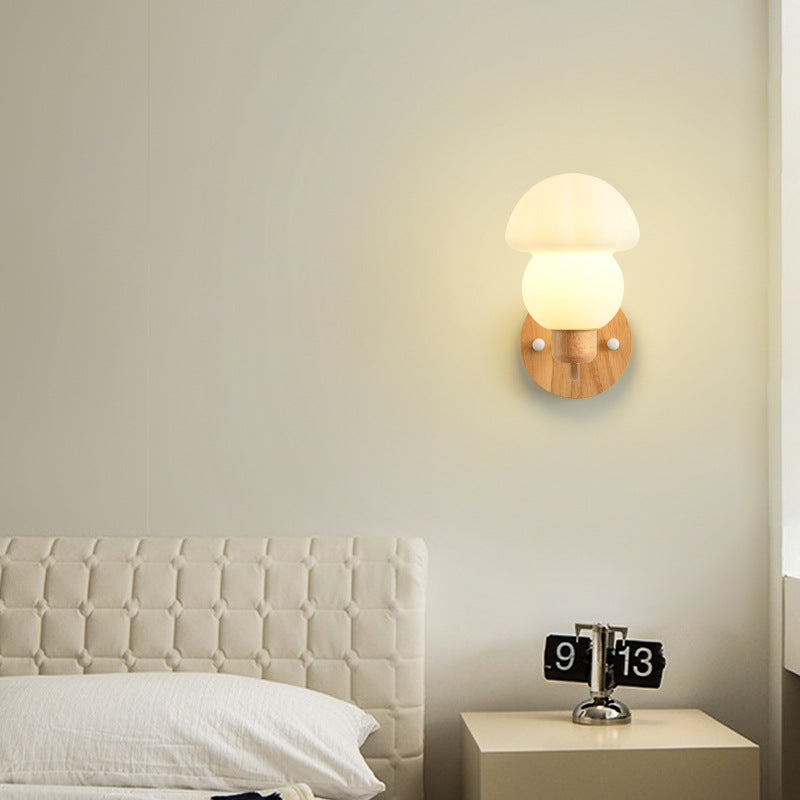 Contemporary Nordic Iron Wood PVC Mushroom 1-Light Wall Sconce Lamp For Bedside