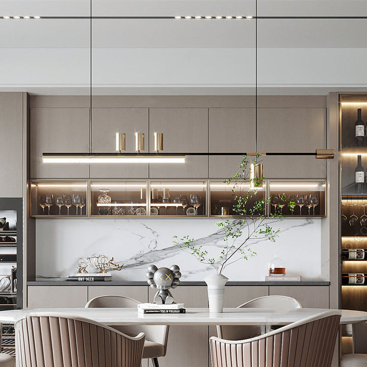 Lustre moderne minimaliste avec monogramme, cylindre long en acrylique et cuivre à 5 lumières pour salon 
