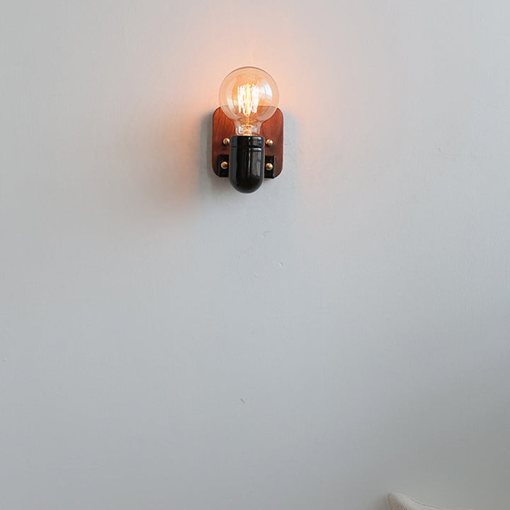 Applique murale 1 lumière avec abat-jour rond en verre céramique vintage traditionnel et base en bois pour chambre 