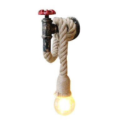 Vintage Industrial Hemp Rope Rust Plumbing 1-Light Wall Sconce Lamp