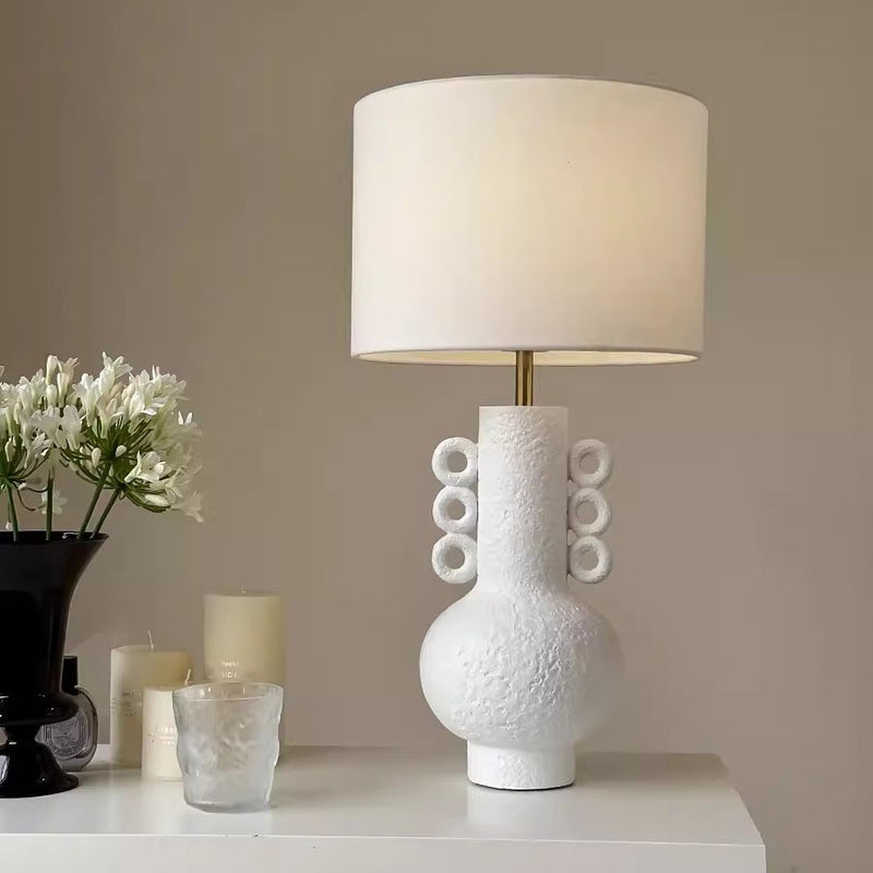 Lampe de table à 1 lumière avec base en résine et pichet en tissu à tambour japonais traditionnel pour chambre à coucher 