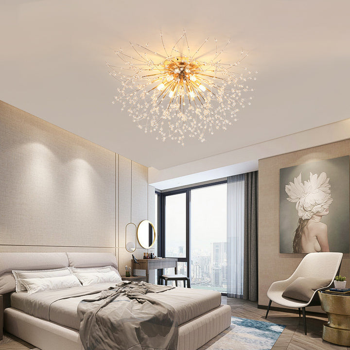Modern Art Deco Crystal Beads Dandelion Aluminum Strip Shape 4/5/6/8-Light Semi-Flush Mount Ceiling Light For Living Room