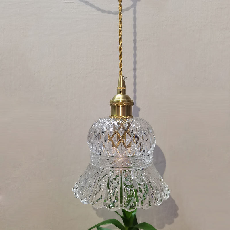 Traditionelle französische florale 1-flammige Pendelleuchte aus Messing und Glas für das Wohnzimmer 